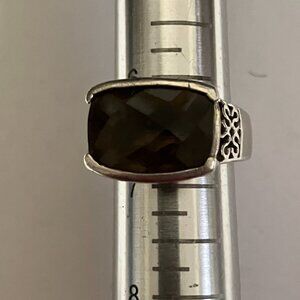 Vintage smoky quarts gem on filigreed sterling silver bezel setting